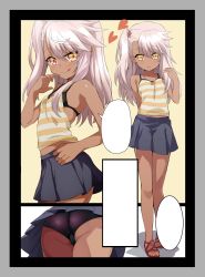 Rule 34 | 1girl, :p, ass, bad id, bad twitter id, black bra, black panties, bra, breasts, camisole, chloe von einzbern, dark-skinned female, dark skin, fate/kaleid liner prisma illya, fate (series), hair bobbles, hair ornament, hand on own hip, hand to own mouth, heart, highres, long hair, midriff, multiple views, panties, pantyshot, perfection, pink hair, sandals, shimejinameko, side ponytail, skirt, small breasts, smile, speech bubble, standing, striped camisole, tank top, tongue, tongue out, underwear, upskirt, yellow eyes