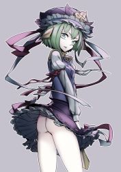 Rule 34 | 1girl, ass, breasts, clothes lift, green eyes, green hair, grey background, hair ornament, hat, matching hair/eyes, no panties, pale skin, ribbon, shiki eiki, simple background, skirt, skirt lift, small breasts, solo, thupoppo, touhou, triangular headpiece, wind, wind lift