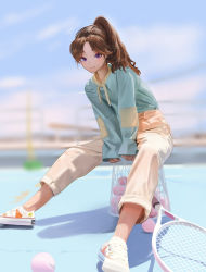 Rule 34 | 1girl, absurdres, ball, blue shirt, blurry, blurry background, brown hair, closed mouth, commentary, day, full body, highres, long hair, long sleeves, looking at viewer, original, outdoors, pants, photo-referenced, pink pants, ponytail, purple eyes, racket, shadow, shirt, shoes, sitting, sleeves past wrists, smile, sneakers, solo, tennis ball, tennis racket, white footwear, yoruzou