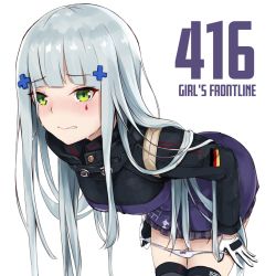 Rule 34 | 1girl, bad id, bad pixiv id, bent over, black thighhighs, blush, breasts, character name, commentary request, copyright name, cross, embarrassed, german flag, girls&#039; frontline, gloves, green eyes, highres, hk416 (girls&#039; frontline), iron cross, jacket, long hair, looking at viewer, medium breasts, military jacket, no headwear, panties, panty pull, plaid, plaid skirt, pleated skirt, pulling own clothes, shirayuiii, silver hair, simple background, skirt, solo, tears, thighhighs, underwear, very long hair, white background, white panties