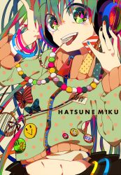 Rule 34 | 1girl, bad id, bad pixiv id, badge, bow, bracelet, button badge, candy, character name, food, green eyes, green hair, hatsune miku, headphones, jewelry, lollipop, looking at viewer, matching hair/eyes, mouth hold, nail polish, name tag, navel, necklace, sameyama jiro, solo, swirl lollipop, tongue, vocaloid