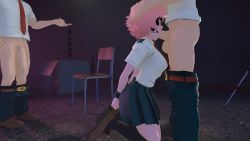 Rule 34 | 1girl, 2boys, 3d, anal beads, ashido mina, bdsm, blindfold, unworn blindfold, boku no hero academia, bondage, bound, bound wrists, breasts, brown footwear, chair, clenched hand, clothed sex, clothes pull, collared shirt, colored skin, condom box, deepthroat, dildo, fellatio, flaccid, gag, gagged, highres, indoors, kneeling, large penis, loafers, medium breasts, miniskirt, multiple boys, multiple penises, necktie, oral, pants, pants pull, penis, pink hair, pink skin, pleated skirt, red neckwear, ring gag, running bond, school chair, school uniform, self-upload, sex toy, shirt, shoes, short hair, short sleeves, skirt, socks, standing, stone wall, subkate, tripod, uncensored, wall, white shirt
