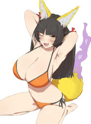 Rule 34 | 1girl, animal ears, armpits, arms behind head, bikini, black hair, blush, breasts, collarbone, fang, fox ears, fox girl, fox girl (mdf an), fox tail, hime cut, huge breasts, long hair, looking at viewer, makeup, mdf an, navel, one eye closed, open mouth, orange bikini, original, sidelocks, simple background, solo, stomach, swimsuit, tail, white background