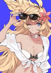 Rule 34 | 1girl, arm up, azuki neko, bikini, blonde hair, blue background, blue eyes, breasts, cleavage, collarbone, dark skin, dark-skinned female, feathered wings, flower, granblue fantasy, hair flower, hair ornament, halluel (granblue fantasy), head wings, hibiscus, large breasts, long hair, looking at viewer, navel, one eye closed, open clothes, open shirt, red flower, shirt, sketch, solo, standing, sunglasses, swimsuit, tied shirt, upper body, very long hair, white shirt, wings