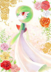 Rule 34 | 1girl, arms at sides, back, bob cut, colored skin, creatures (company), female focus, flower, from behind, game freak, gardevoir, gen 3 pokemon, gradient background, green hair, green skin, highres, looking at viewer, looking back, multicolored skin, nintendo, pink flower, pink rose, pokemon, pokemon (creature), profile, red eyes, red flower, red rose, rose, short hair, solo, sparkle, standing, traditional media, two-tone skin, white background, white flower, white rose, white skin, yellow flower, yellow rose, yuka (yukaaaaaaa0705)