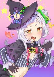Rule 34 | +++, 1girl, arched bangs, black capelet, black gloves, black hat, black skirt, bow, bowtie, capelet, commentary, cropped shirt, flat chest, frilled headwear, gloves, gradient background, hair bun, hand on own hip, hat, heart, highres, hololive, long hair, long sleeves, looking at viewer, midriff, murasaki shion, murasaki shion (1st costume), navel, open mouth, orange eyes, pink bow, pink bowtie, purple background, shirt, skirt, sobayu to tenpura, solo, star (symbol), striped clothes, striped shirt, tilted headwear, tongue, tongue out, upper body, v, vertical-striped clothes, vertical-striped shirt, virtual youtuber, white hair, witch hat