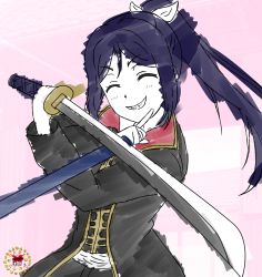Rule 34 | 1girl, artist name, artist request, black jacket, blue hair, blush, bow, breasts, closed eyes, female focus, floating hair, hair between eyes, hair bow, high ponytail, holding, holding sword, holding weapon, jacket, katana, long hair, looking at viewer, love live!, love live! sunshine!!, matsuura kanan, parted lips, pink background, ponytail, psycyclone j, sai (kanzen gokai oh), shirt, small breasts, smile, solo, sword, teeth, upper body, v-shaped eyebrows, wavy mouth, weapon, white bow
