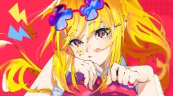 Rule 34 | 1girl, blonde hair, blue-tinted eyewear, bocchi the rock!, bow, bowtie, commentary, eyewear on head, hands up, highres, ijichi nijika, irreligiositat, jewelry, lightning bolt symbol, long hair, looking at viewer, mika pikazo (style), portrait, red background, red bow, red bowtie, red eyes, ring, shirt, sidelocks, simple background, solo, tinted eyewear, tongue, tongue out, white shirt