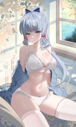 Rule 34 | 1girl, absurdres, aqua74286, ayaka (genshin impact), bare shoulders, blunt bangs, bra, breasts, cleavage, collarbone, commentary request, genshin impact, grey eyes, grey hair, highres, indoors, large breasts, long hair, looking at viewer, navel, off shoulder, panties, sitting, skindentation, solo, stomach, thighhighs, thighs, underwear, very long hair, white bra, white panties, white thighhighs, window