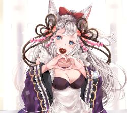 Rule 34 | 1girl, animal ears, blue eyes, blush, breasts, candy, chocolate, chocolate heart, commentary request, erune, food, fox ears, granblue fantasy, hair ornament, heart, highres, large breasts, long hair, looking at viewer, mouth hold, silver hair, smile, societte (granblue fantasy), solo, soraneko hino, valentine, very long hair