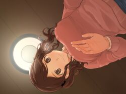 Rule 34 | 1girl, amagami, breasts, brown eyes, brown hair, ceiling light, closed mouth, curly hair, from below, indoors, lap pillow, large breasts, long hair, looking at viewer, looking down, medium hair, nakata sae, palms, pov, red sweater, solo, sweater, takenoko saba otto, twintails, wooden ceiling