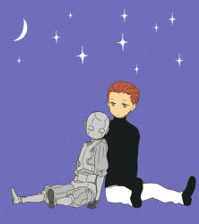 Rule 34 | 2boys, android, blue eyes, brown hair, closed eyes, flat color, full body, kurosuke (nora), male focus, moon, multiple boys, outdoors, r daneel olivaw, r giskard reventlov, simple background, sky, sleeping, star (symbol), the caves of steel, the naked sun, the robots of dawn