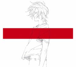 Rule 34 | 1boy, ash lynx, banana fish, cleaned, eyebrows, highres, looking to the side, midriff, midriff peek, official art, pants, parted lips, profile, shirt, short hair, short sleeves, solo, t-shirt, white background