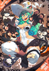 Rule 34 | 1boy, 3girls, animal ears, animal hands, black hair, blue eyes, breasts, bustier, cleavage, covered navel, drill hair, ears through headwear, eureka brider, fang, furry, furry female, gloves, green eyes, green hair, halloween, halloween costume, happy halloween, hat, highres, jumping, large breasts, living clothes, long hair, multiple girls, open mouth, original, outstretched hand, paw gloves, paw pose, paw shoes, pipe in mouth, purple eyes, reaching, reaching towards viewer, revealing clothes, ringlets, shoes, short eyebrows, smile, smoking, smoking pipe, snout, solo focus, strapless, tail, thick eyebrows, thighhighs, thighs, torn clothes, torn legwear, white legwear, witch hat, wolf ears, wolf girl, wolf tail