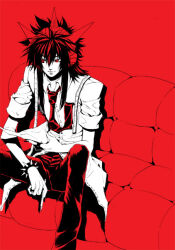 Rule 34 | 1boy, aoki keito, beatmania, beatmania iidx, bracelet, buttons, closed mouth, collared shirt, commentary request, couch, feet out of frame, hair between eyes, headphones, jewelry, long bangs, long hair, looking afar, looking to the side, male focus, monochrome, necktie, pants, red theme, shem, shirt, short sleeves, sidelocks, simple background, sitting, smile, solo, spiked bracelet, spiked hair, spikes, tape measure