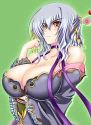 Rule 34 | 1girl, bare shoulders, blush, breast rest, breasts, choker, cleavage, collarbone, female focus, gengan, gradient background, green background, hair ornament, japanese clothes, kilina, koihime musou, large breasts, shin koihime musou, short hair, silver hair, smile, solo, upper body, yellow eyes