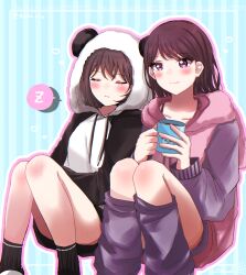 2girls animal_hood asahi_rise bang_dream! bang_dream!_it&#039;s_mygo!!!!! black_shorts black_socks blush border brown_hair closed_eyes closed_mouth collarbone commentary_request cup heart highres holding holding_cup hood hood_down hood_up hoodie leg_warmers log long_hair long_sleeves mole mole_under_eye multiple_girls panda_hood parted_lips partial_commentary purple_eyes purple_hoodie purple_leg_warmers shiina_taki short_hair shorts sleeping sleeping_on_person smile socks spoken_letter takamatsu_tomori twitter white_border