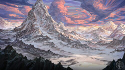 Rule 34 | absurdres, cliff, cloud, cloudy sky, colorful, commentary, critical role, dungeons & dragons, dungeons &amp; dragons, english commentary, highres, idrawbagman, landscape, logo, mountain, mountainous horizon, nature, no humans, outdoors, scenery, sky, snow, sunrise, winter