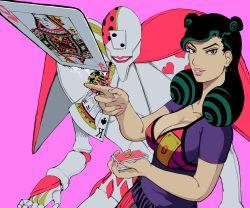 Rule 34 | 1girl, black hair, breasts, card, cleavage, collarbone, giganticbuddha, green hair, higashikata kato, highres, jojo no kimyou na bouken, jojolion, large breasts, multicolored hair, parted lips, pink background, pink lips, playing card, space trucking (stand), stand (jojo), two-tone hair