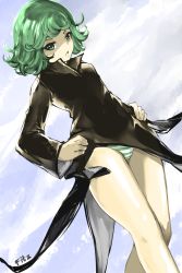 Rule 34 | 1girl, absurdres, artist name, black dress, curly hair, dress, dutch angle, fitz (fita is the smartest), from below, green eyes, green hair, hands on own hips, highres, looking at viewer, looking down, matching hair/eyes, one-punch man, panties, pantyshot, short hair, signature, solo, striped clothes, striped panties, tatsumaki, underwear