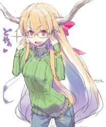 Rule 34 | 1girl, alternate costume, bespectacled, blonde hair, bow, casual, contemporary, dated, denim, fang, glasses, hair bow, hidori (hibi toridori), horns, ibuki suika, jeans, long hair, looking at viewer, open mouth, pants, red-framed eyewear, red eyes, ribbed sweater, simple background, sketch, smile, solo, sweater, touhou, translation request, very long hair, white background