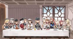 Rule 34 | 6+girls, :t, alcohol, ark royal (kancolle), armor, beer, beret, bismarck (kancolle), black bow, black headwear, black skirt, blonde hair, blouse, blue shawl, blue shirt, bow, braid, breastplate, breasts, brown hair, burger, chair, chewing, cleavage, closed eyes, closed mouth, commentary request, corset, crop top, crown, cup, detached sleeves, dress, drink, drinking glass, eating, fine art parody, flower, food, food on face, fork, french braid, french fries, fur hat, gangut (kancolle), garter straps, glasses, gloves, graf zeppelin (kancolle), hair bow, hair ornament, hat, headdress, highres, holding, holding food, hot dog, ice cream, ido (teketeke), indoors, iowa (kancolle), jacket, johnston (kancolle), kantai collection, light brown hair, littorio (kancolle), long hair, long sleeves, long table, low twintails, meatball, military, military hat, military uniform, mini crown, mole, mole under eye, mole under mouth, multiple girls, nissin cup noodle, nontraditional school swimsuit, off-shoulder dress, off shoulder, one-piece swimsuit, onigiri, papakha, parody, pasta, peaked cap, pizza, plate, pleated skirt, pom pom (clothes), ponytail, popsicle, prinz eugen (kancolle), red flower, red hair, red ribbon, red rose, ribbon, richelieu (kancolle), ro-500 (kancolle), roma (kancolle), rose, sailor collar, sausage, school swimsuit, shawl, shirt, skirt, sleeveless, sleeveless shirt, spoon, star (symbol), swimsuit, swimsuit under clothes, table, tan, tashkent (kancolle), the last supper, thighhighs, twintails, two side up, uniform, warspite (kancolle), wavy hair, white dress, white hair, window, wine, wine glass