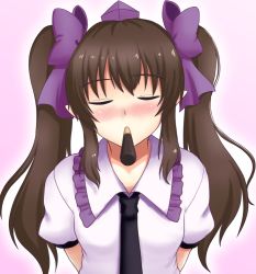 Rule 34 | 1girl, arms behind back, blurry, blush, bow, brown hair, closed eyes, commentary, depth of field, feeding, food, foreshortening, hair bow, hat, himekaidou hatate, incoming kiss, isaki (gomi), long hair, mouth hold, necktie, pocky, pocky day, pocky kiss, pointy ears, pov feeding, puffy short sleeves, puffy sleeves, shared food, sharing food, shirt, short sleeves, solo, tokin hat, touhou, twintails