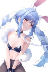 Rule 34 | 1girl, animal ear fluff, animal ears, bare shoulders, between legs, bikini, bikini top only, black bikini, black pantyhose, blue hair, blush, braid, breasts, chain, chain leash, chocofox, cleavage, closed mouth, collar, collarbone, commentary request, fur shawl, hand between legs, highres, hololive, leash, long hair, looking at viewer, mixed-language commentary, multicolored hair, pantyhose, rabbit ears, red eyes, shawl, sidelocks, simple background, sitting, smile, solo, swimsuit, thick eyebrows, twin braids, two-tone hair, usada pekora, very long hair, virtual youtuber, white background, white hair