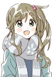 Rule 34 | 1girl, blush, fang, green hair, grey scarf, hair bobbles, hair ornament, highres, inuyama aoi, long hair, long sleeves, namori, open mouth, scarf, side ponytail, sketch, skin fang, smile, solo, swept bangs, thick eyebrows, upper body, yurucamp