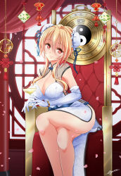 Rule 34 | 1girl, alcohol, ayumu (ayumumkrg), bad id, bad pixiv id, bare legs, blonde hair, blush, breasts, bun cover, chair, champagne, champagne coupe, china dress, chinese clothes, cleavage, closed mouth, crossed legs, cup, double bun, dress, drinking glass, elbow gloves, flower knight girl, gloves, hair between eyes, hair bun, holding, holding cup, kuchinashi (flower knight girl), large breasts, looking at viewer, petals, red eyes, shiny skin, short hair, sitting, smile, solo, trigram, white dress, white gloves, yin yang