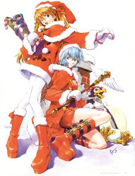 Rule 34 | 2girls, :d, absurdres, alternate costume, ayanami rei, bell, bird, blue eyes, blue hair, boots, bow, bowtie, breasts, buckle, candy, candy cane, capelet, character doll, chimney, christmas, cleaned, cleavage, cleavage cutout, clothing cutout, coat, dress, food, from side, full body, fur trim, gem, german text, gift, hair between eyes, hair ribbon, hand on own thigh, happy, hat, heart, heart cutout, highres, holding, hood, hood down, ikari shinji, jingle bell, kaji ryouji, knee boots, long hair, looking at viewer, mittens, multiple girls, name tag, neon genesis evangelion, official art, open clothes, open coat, open mouth, orange hair, outdoors, outstretched arm, page number, pantyhose, penguin, penpen, platform footwear, polka dot, pom pom (clothes), red eyes, red footwear, red hair, ribbon, rooftop, sack, sadamoto yoshiyuki, santa costume, santa hat, scan, shadow, short dress, short hair, signature, simple background, sitting, skirt, small breasts, smile, snow, souryuu asuka langley, standing, star (symbol), two side up, wand, white background, white mittens, white pantyhose, wings, winter clothes