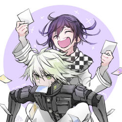Rule 34 | +++, 2boys, ^ ^, ahoge, android, arm belt, belt, black scarf, border, carrying, checkered clothes, checkered scarf, closed eyes, commentary request, danganronpa (series), danganronpa v3: killing harmony, dated, eyelashes, hair between eyes, holding, holding photo, jacket, k1-b0, layered sleeves, long sleeves, lowres, male focus, mouth hold, multiple belts, multiple boys, oma kokichi, open belt, open mouth, outside border, pants, photo (object), piggyback, purple background, purple hair, round border, scarf, short hair, signature, simple background, sleeves past wrists, smile, sweatdrop, teeth, thigh belt, thigh strap, torn clothes, torn scarf, trembling, two-tone scarf, u u ki u u, unmoving pattern, upper teeth only, white belt, white border, white hair, white jacket, white pants, white scarf, white sleeves