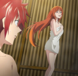 Rule 34 | 1boy, 1girl, absurdres, akagami akemitsu, baldwin kagura, bare shoulders, breasts, brown hair, cleavage, collarbone, highres, long hair, medium breasts, mixed-sex bathing, naked towel, open mouth, red eyes, red hair, screencap, shared bathing, smile, stitched, temple (series), thighs, third-party edit, towel, very long hair
