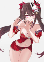 Rule 34 | 1girl, adapted costume, bare shoulders, bell, brown hair, choker, commentary request, cowboy shot, detached sleeves, facial mark, fox mask, grey background, grin, heart, heart hands, highres, honkai: star rail, honkai (series), jingle bell, long hair, looking at viewer, mask, mask on head, midriff, nail polish, navel, neck bell, pink eyes, pink nails, purple choker, red shorts, short shorts, short sleeves, shorts, simple background, smile, solo, sparkle (honkai: star rail), standing, stomach, thighs, twintails, very long hair, yizi (yizi official)