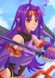 Rule 34 | 1girl, absurdres, ahoge, aoyagi 0, armor, bare shoulders, breastplate, fingerless gloves, gloves, hairband, highres, holding, holding sword, holding weapon, long hair, looking at viewer, obsidian slasher, pointy ears, purple gloves, purple hair, red eyes, red hairband, smile, solo, sword, sword art online, upper body, weapon, yuuki (sao)