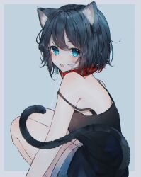 Rule 34 | 1girl, animal collar, animal ears, black camisole, black hair, blue eyes, blue shorts, camisole, cat ears, cat girl, cat tail, collar, fang, highres, looking at viewer, morino wako, open mouth, original, short hair, shorts, solo, strap slip, tail