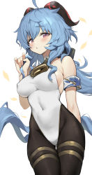 Rule 34 | 1girl, ahoge, alternate costume, armpit crease, bare arms, bare shoulders, bell, black pantyhose, blue hair, breasts, covered erect nipples, covered navel, cowbell, cowboy shot, ganyu (genshin impact), genshin impact, gluteal fold, goat horns, groin, halterneck, hand up, highleg, highleg leotard, highres, holding, holding own hair, horns, impossible clothes, impossible leotard, large breasts, leotard, long hair, looking at viewer, low ponytail, pantyhose, pink eyes, romana, sideboob, simple background, skindentation, solo, thigh gap, thigh strap, very long hair, white background, white leotard