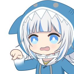 Rule 34 | 1girl, animal hood, blue eyes, blue hair, blue hoodie, bright pupils, chibi, gawr gura, gawr gura (1st costume), grey hair, hair ornament, hololive, hololive english, hood, hoodie, medium hair, multicolored hair, open mouth, pointing, shark hair ornament, shark hood, sharp teeth, solo, streaked hair, teeth, two side up, upper body, upper teeth only, virtual youtuber, white pupils, zephylyne