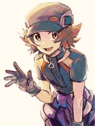 Rule 34 | 1boy, :d, brown hair, creatures (company), flipped hair, game freak, gloves, hand up, hat, highres, hilbert (pokemon), hilbert (sygna suit) (pokemon), katahara (no 108105), looking at viewer, male focus, nintendo, official alternate costume, open mouth, pokemon, pokemon masters ex, purple gloves, purple hat, short hair, short sleeves, simple background, smile, solo, white background, yellow eyes, zipper