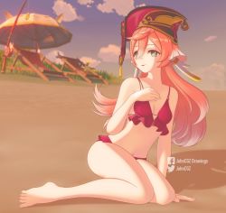 Rule 34 | 1girl, :p, arm support, bare arms, bare legs, bare shoulders, barefoot, beach chair, bikini, blue sky, cloud, commentary, day, fishing rod, genshin impact, green eyes, hair between eyes, hand on own chest, hand up, highres, johncgz, long hair, looking at viewer, navel, pink hair, red bikini, red headwear, sitting, sky, smile, solo, stomach, swimsuit, thighs, tongue, tongue out, umbrella, yanfei (genshin impact), yokozuwari