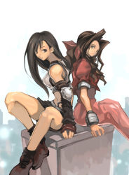 Rule 34 | 1990s (style), 2girls, aerith gainsborough, arm guards, arm warmers, back-to-back, bare shoulders, belt, bow, brown eyes, brown hair, dress, expressionless, final fantasy, final fantasy vii, full body, green eyes, hair bow, long hair, multiple girls, navel, parted lips, pink bow, pink dress, red dress, shihira tatsuya, shorts, shoulder pads, sitting, suspenders, tank top, tifa lockhart