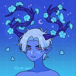 Rule 34 | 1boy, antlers, bare shoulders, blue background, blue butterfly, blue flower, blue hair, blue mouth, blue petals, blue skin, blue theme, bug, butterfly, colored skin, crescent moon, emily kim, facial mark, falling petals, flower, freckles, glowing, glowing markings, gradient background, grid background, highres, horns, insect, male focus, monster boy, moon, open mouth, original, petals, pink eyes, pointy ears, portrait, solo, sparkle, star (sky), star (symbol), star facial mark, symbol freckles
