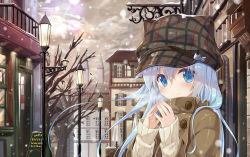 Rule 34 | 1girl, blue hair, blush, building, buttons, city, cloud, cloudy sky, coat, fingers together, floating hair, hair between eyes, hat, hat ornament, lamppost, long hair, long sleeves, looking at viewer, original, outdoors, plaid headwear, sky, smile, snowing, solo, upper body, winter clothes, winter coat, yano mitsuki (nanairo)