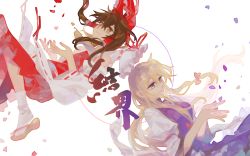 2girls bad_id bad_pixiv_id blonde_hair brown_eyes brown_hair detached_sleeves falling hair_ribbon hair_tubes hakurei_reimu hat long_hair mob_cap multiple_girls nontraditional_miko petals purple_eyes rekka ribbon sandals smile tabard tabi touhou white_background wide_sleeves yakumo_yukari