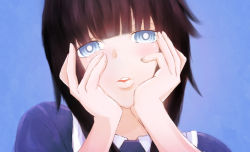 Rule 34 | 1girl, aged up, alternate hairstyle, aya drevis, bbk (13zk), black hair, blue background, blue eyes, blunt bangs, blush, collared shirt, hands on own cheeks, hands on own face, looking at viewer, mad father, meme, mirai nikki, open mouth, parody, scene reference, shirt, short hair, simple background, solo, yandere, yandere trance