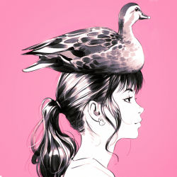 Rule 34 | 1girl, animal, animal on head, bad id, bad tumblr id, bird, blunt bangs, blush, closed mouth, commentary, duck, from side, greyscale, hair tie, half-closed eyes, ilya kuvshinov, long hair, monochrome, nose blush, on head, original, pink background, pink theme, ponytail, portrait, sidelocks, simple background, sketch, smile, solo, upper body