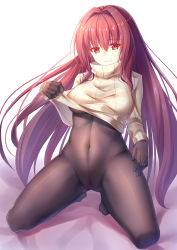 Rule 34 | 1girl, beige sweater, bodysuit, breasts, closed mouth, clothes lift, commentary request, covered navel, fate/grand order, fate (series), full body, iro ame (amewaagada), kneeling, large breasts, lifted by self, long hair, no panties, no shoes, purple bodysuit, purple hair, pussy, red eyes, ribbed sweater, scathach (fate), see-through, shadow, shiny clothes, smile, solo, spread legs, sweater, sweater lift, very long hair