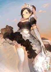 Rule 34 | 1girl, bad id, bad pixiv id, bag, black eyes, black hair, bouquet, choker, cloud, dress, elbow gloves, flower, gloves, hanarito, highres, looking at viewer, maid, maid headdress, original, outdoors, parted bangs, shopping bag, solo, standing, thighhighs, white gloves, white thighhighs