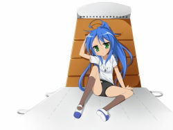 Rule 34 | 00s, 1girl, :o, against wall, ahoge, alternate hairstyle, arm support, arm up, blue hair, blush, brown socks, buruma, crotch, flat chest, green eyes, gym storeroom, gym uniform, hand on own head, high ponytail, indoors, izumi konata, kneehighs, komo egg, long hair, looking at viewer, lucky star, mat, mattress, mole, mole under eye, name tag, open mouth, ponytail, shirt, shoes, short sleeves, simple background, sitting, socks, solo, spread legs, t-shirt, uwabaki, vaulting horse, very long hair, white background
