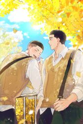Rule 34 | 2boys, :d, absurdres, bag, black eyes, black hair, blue sky, buzz cut, closed eyes, closed mouth, dappled sunlight, day, falling leaves, fukatsu kazunari, ginkgo leaf, ginkgo tree, green bag, highres, holding, holding bag, leaf, long sleeves, looking at another, male focus, multiple boys, open mouth, outdoors, sawakita eiji, shirt, short hair, sky, slam dunk (series), sleeves rolled up, smile, sunlight, sweater vest, tree, undercut, very short hair, white shirt, xktnjrxgvdrd3hy, yellow sweater vest